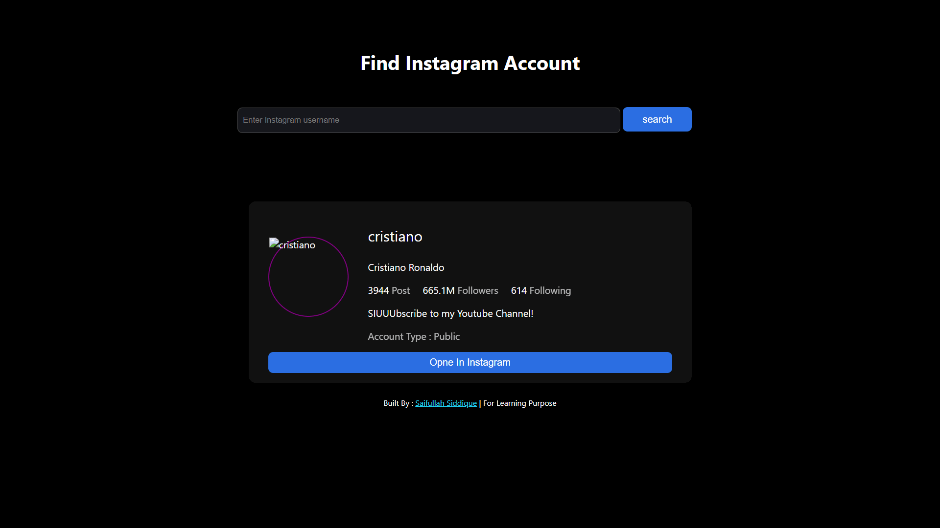 A screenshot of the Instagram Profile Viewer application interface.